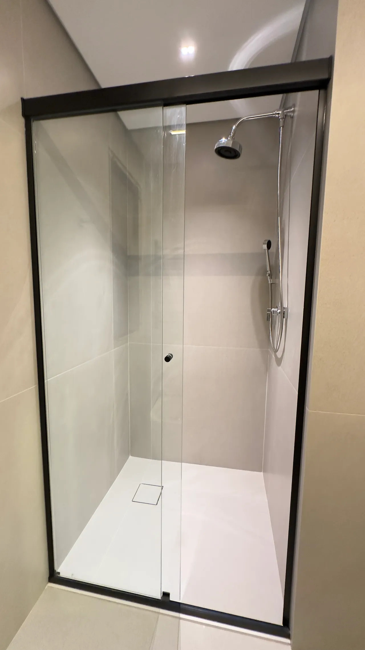 Banheiro com box em vidro e ducha cromada